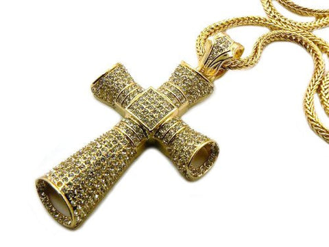 Rounded Gold Tone Cross Pendant 4mm 36" Franco Chain Necklace MP505G