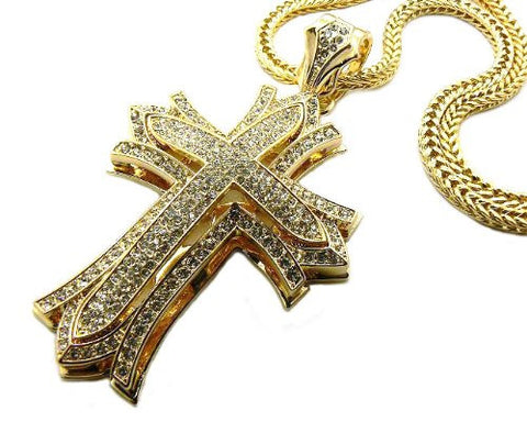 Gold Tone Paved Golthic Style Cross Pendant w/ 4mm 36" Franco Chain MP481G