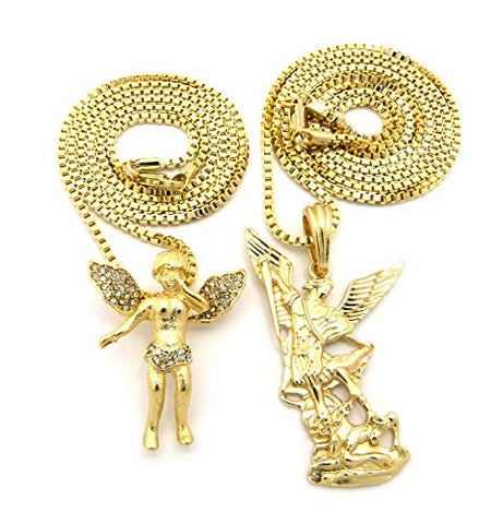 Pave Fairy Angel and Archangel Necklace Set with 24" 30" Box Chains - Gold-Tone