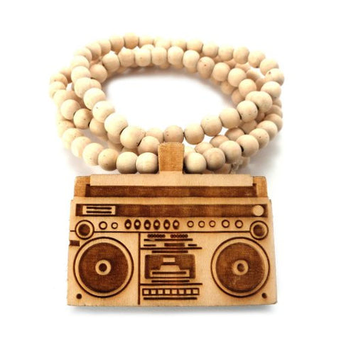 Hip Hop Boombox Wood Pendant 36" Wooden Bead Chain Necklace in Natural-Tone WJ80NL