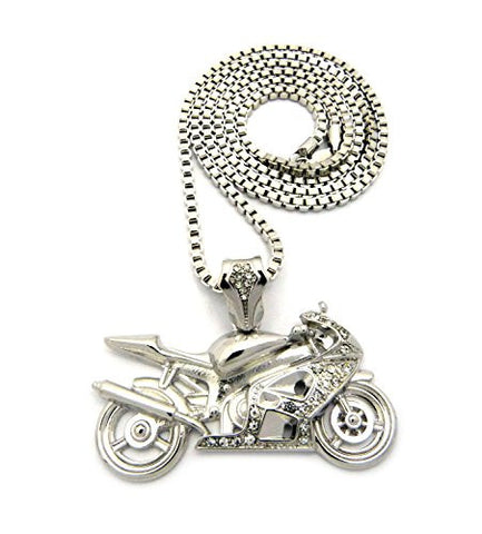 Stone Stud Motorcycle Pendant with 3mm 30" Box Chain Necklace - Silver-Tone