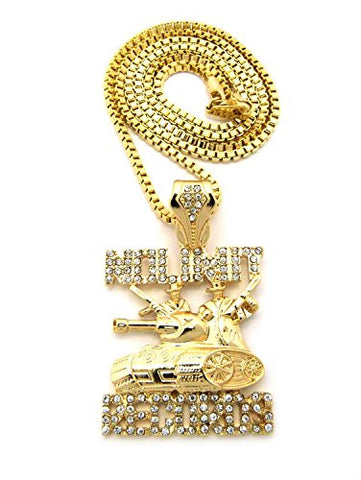 Iced Out No Limit Records Tank Pendant 2mm 24" Box Chain Necklace in Gold-Tone