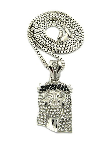 Black Stone Stud Jesus Face Pendant 2.5mm 24" Box Chain Necklace in Silver-Tone