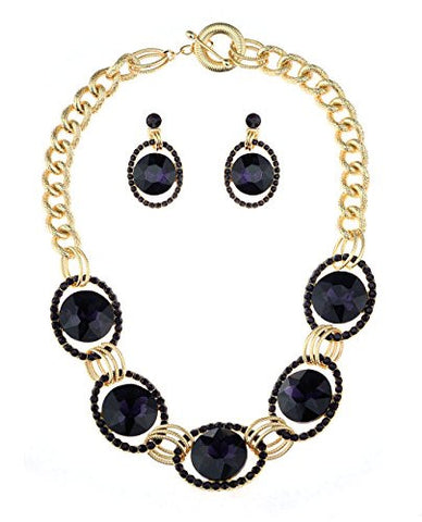 Encircled Round Cut Purple Stone Necklace and Earrings Jewelry Set in Gold-Tone
