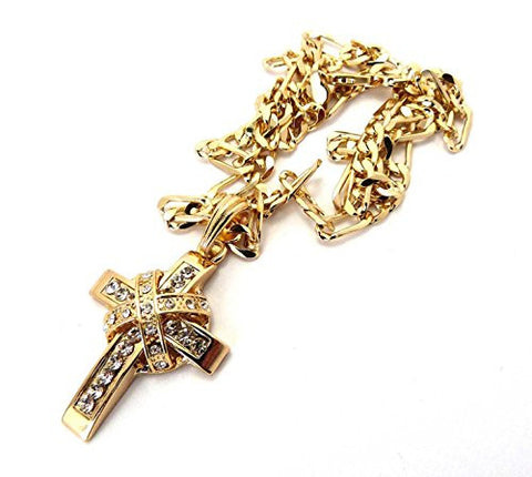 Iced Out Gold Tone Cross Pendant w/ 5mm 24" Figaro Chain Necklace MSP202G