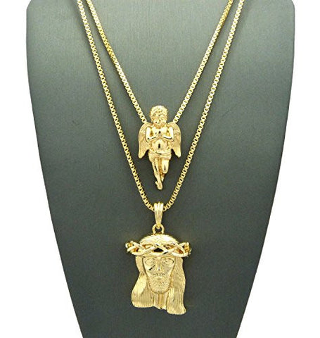 Polished Micro Jesus Head & Praying Angel Pendant Set 2mm 24" & 30" Box Chain Necklaces in Gold-Tone