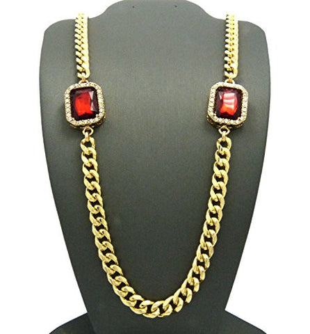 Pave Red Stone Pieces 8mm 26" Miami Cuban Link Chain in Gold-Tone