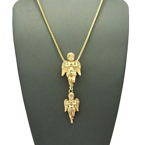 Plain Dual Praying Angel Pendant Vertical Link 2mm 24" Box Chain Necklace in Gold-Tone