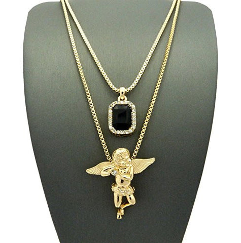 Faux Onyx Stone & Solitaire Angel Pendant Set 2mm 24" & 30" Box Chain Necklace in Gold-Tone