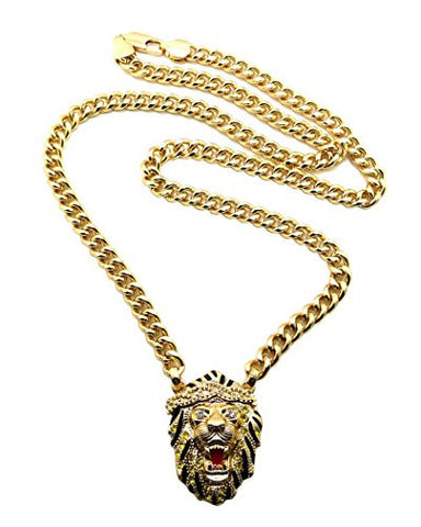 Pave Lion Head Rapper Pendant with 30" Cuban Link Chain Necklace in Gold-Tone XC341G
