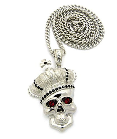 Royal Crown Skull Head Pendant with 6mm 36" Cuban Link Chain - Black/Silver-Tone