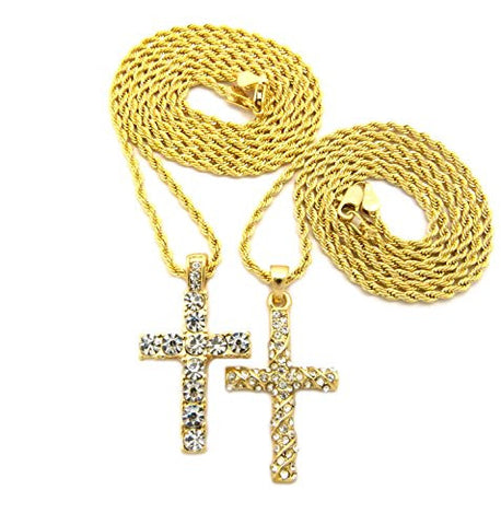 Single Row, Diagonal Pave Cross 2 Piece Micro Pendant Set with 24" 30" Rope Chain - Gold-Tone