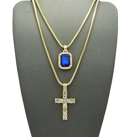 Iced Out Faux Sapphire Stone & Single Row Cross Pendant Set 2mm 24" & 30" Box Chains in Gold-Tone