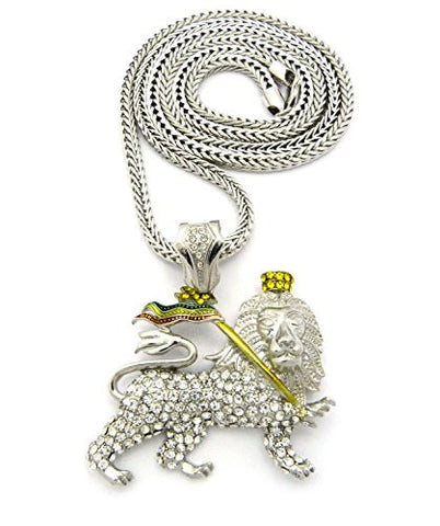 Iced Out Rasta Lion Pendant 4mm 36" Franco Chain Necklace in Silver-Tone