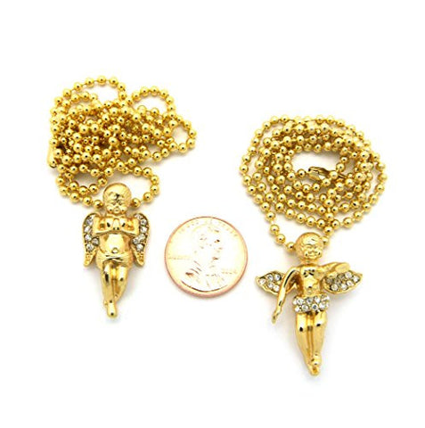 Pave Praying & Flying Angel Micro Pendant Multi-Length Ball Chain Necklace Set in Gold-Tone RC471G