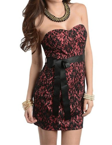 NYfashion101 Strapless Short Dress Rose Black w/Satin waist sash CN149185
