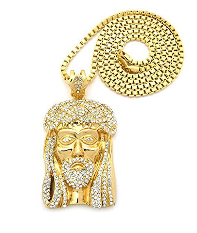 Iced Out Crown of Thorns Jesus Pendant w/ 36" Box Chain - Gold Tone XP474GBX