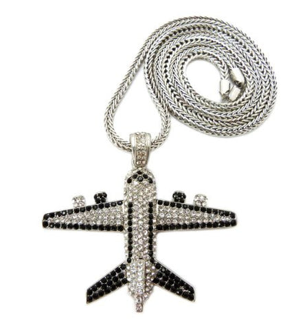Iced Out Jetliner Pendant w/ 4mm 36" Franco Chain in Silver Tone MHP14R