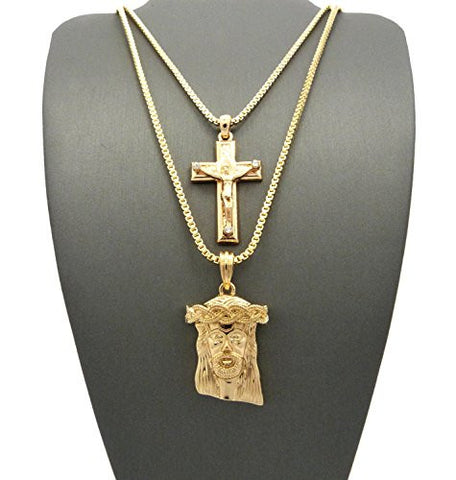Stone Stud Crucifix Jesus Cross & Solid Jesus Pendant 24" 30" Box Chain Necklace Set in Gold-Tone