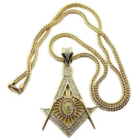 Iced Out Square and Compass Pendant with 36" Franco Chain Necklace in Gold-Tone MP544G