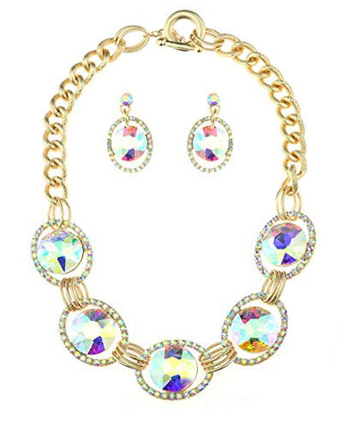 Encircled Round Cut Aurora Borealis Stone Necklace and Earrings Jewelry Set in Gold-Tone