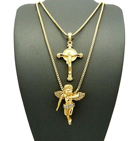Celtic Cross with Pave Floating Angel Pendant Box Chain Necklace Set