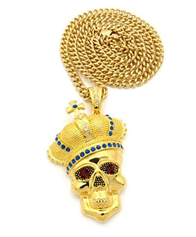 Royal Crown Skull Head Pendant with 6mm 36" Cuban Link Chain - Blue/Gold-Tone