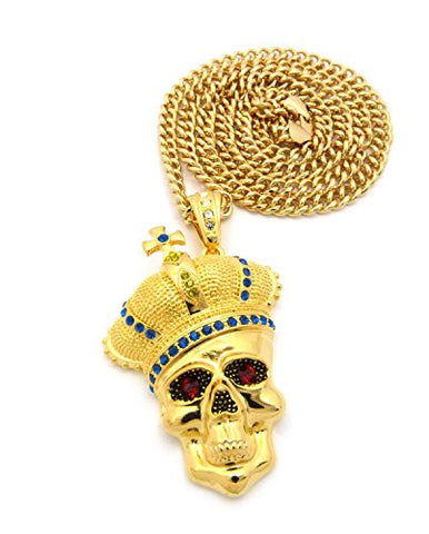 Royal Crown Skull Head Pendant with 6mm 36" Cuban Link Chain - Blue/Yellow/Gold-Tone