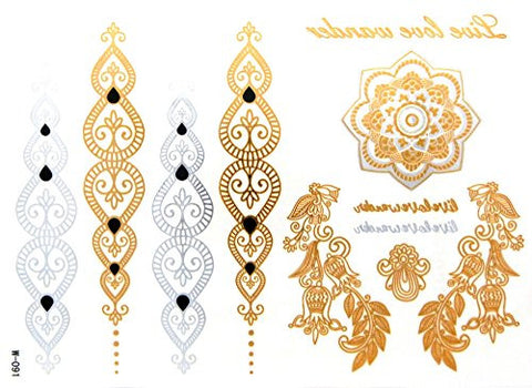 Lotus Flower Filigree Metallic Sticker Tattoo in Gold/Silver-Tone (4 Sheets)