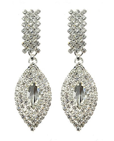 Rhinestone Studded Layered Oval Pattern Clear Gemstone Dangling Pierced Earrings in Silver-Tone