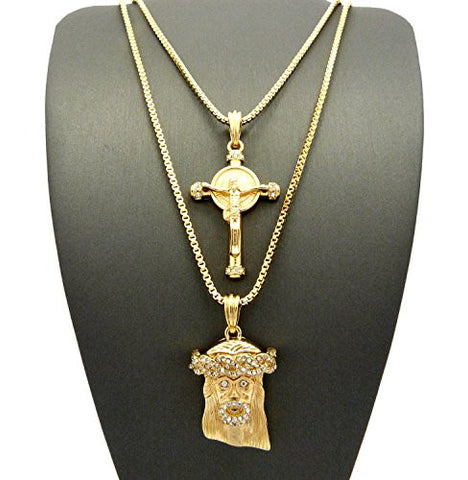 Celtic Cross with Pave Jesus Pendant Box Chain Necklace