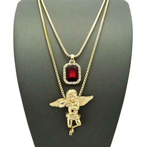 Faux Ruby Stone & Solitaire Angel Pendant Set 2mm 24" & 30" Box Chain Necklace in Gold-Tone