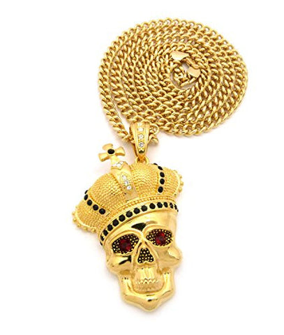 Royal Crown Skull Head Pendant with 6mm 36" Cuban Link Chain - Black/Gold-Tone