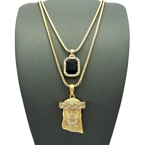 Faux Onyx Stone & Pave Crown of Thorns Jesus Pendant Set 2mm 24" & 30" Box Chain in Gold-Tone
