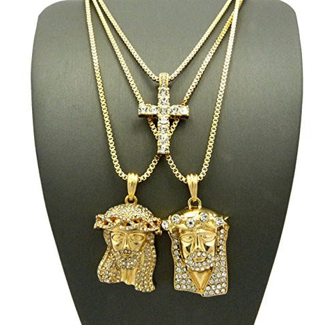 Rhinestone Cross & 2 Pave Jesus Pendants 24" 30" Box Chain Necklace Set in Gold-Tone