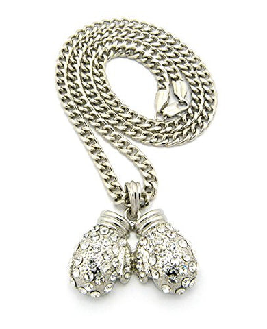 Paved Boxing Gloves Pendant with 5mm 24" Cuban Link Chain Necklace in Silver-Tone