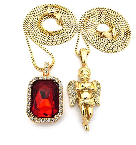 Hip Hop Micro Faux Ruby Stone & Pave Pray Angel Pendant 2mm 30" Box Chain Necklace Set - Gold-Tone