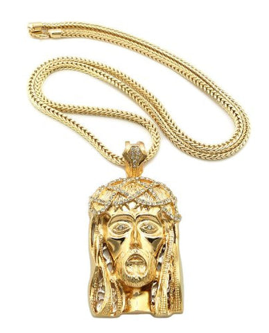 Gold Tone Crown of Thorns Jesus Face Pendant w/ 4mm 36" Franco Chain MLP056G