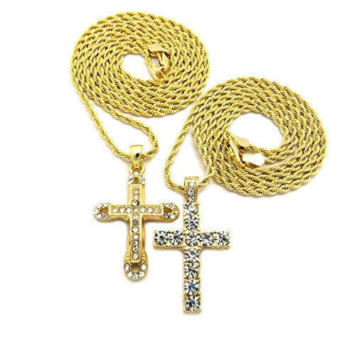 Royal, Single Row Cross 2 Piece Pave Micro Pendant Necklace Set with 24" 30" Rope Chain - Gold-Tone