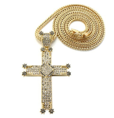 Gold Tone Paved Cross Pendant 4mm 36" Franco Chain Necklace MHP10G