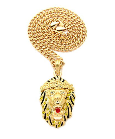 Yellow Stone Stud Roaring Lion Pendant 5mm 24" Cuban Chain Necklace in Gold-Tone