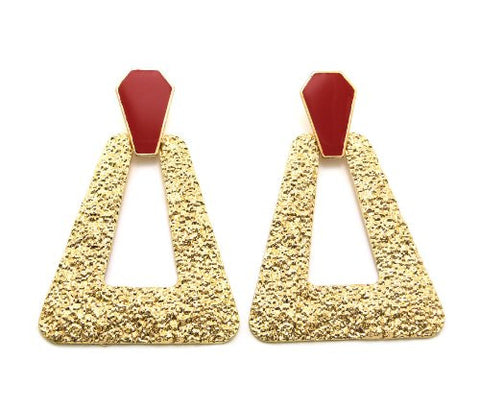 Hammered Trapezoid Doorknocker Earrings in Gold-Tone with Red Accent