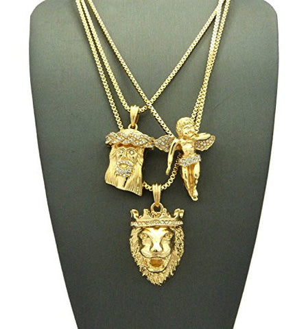 Jesus Face, Floating Angel & King Lion Pendant Set w/ Multi Length Box Chains in Gold-Tone