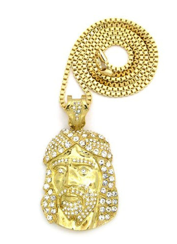 Iced Out Jesus Face Pendant in Gold Tone w/ 3mm 30" Box Chain RC237G