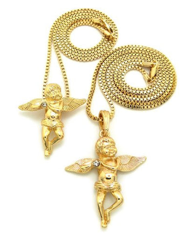 Gold Tone Cherub Angel Micro Pendant 2 Piece Multi Size Set A w/ 30" Box Chain