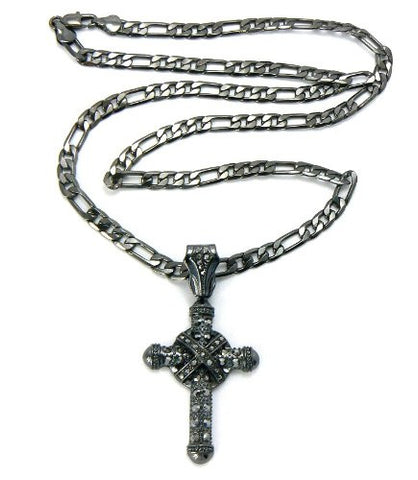 Hematite Tone Gothic Style Cross Pendant 5mm 24" Figaro Chain Necklace
