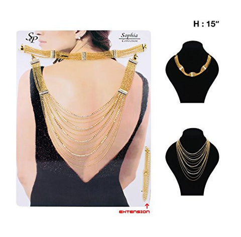 Small Bead Strand Link Stone Accent 2 Piece/3 Way Back Chain Necklace Jewelry Set in Gold-Tone