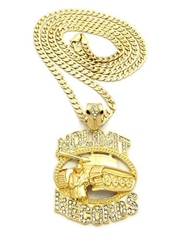 Iced Out No Limit Records Tank with Solider Pendant 5mm 30" Concave Cut Cuban Chain in Gold-Tone