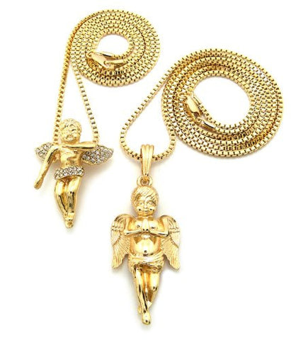 Gold Tone Cherub Angel Multi Size Micro Pendant 2 Piece Set N w/ 30" Box Chain