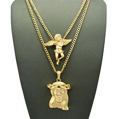 Polished Solitaire Angel & Jesus Face Pendant Set 3mm 24" & 30" Concave Cuban Chain Necklace in Gold-Tone
